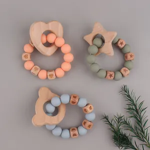 Baby Beech Wood Silicone Teether Bracelet Heart Star Bear Shape BPA Free Infant Grasping Toy Nursing Sensory Beads