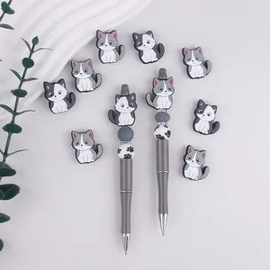 Set de bolígrafos de cuentas gris con perlas de gato de silicona para bricolaje