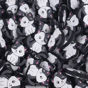 Cuentas de silicona de gato de dibujos animados para joyería DIY, lindos gatitos blancos y negros