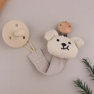 Cartoon plush bear baby pacifier clip with silicone holder and braided strap