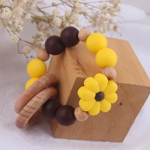 Baby Silicone Teether Rattle Toy With Beech Wood Rings Sunflower Daisy Flower Bracelet BPA Free Infant Grasping Teething Toy
