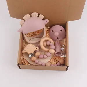 Baby bijtring geschenkset van siliconen en hout met dinosaurus en speenketting in doos
