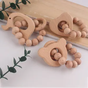Natural beech wood baby teething rings set with elephant heart and bear animal shapes