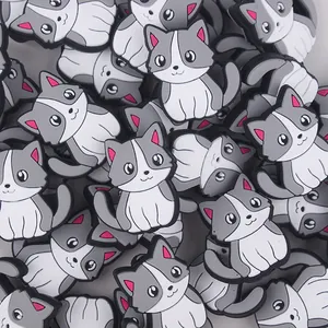 Lindas cuentas de silicona de gato gris y blanco para joyería DIY y accesorios