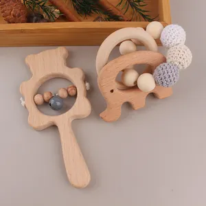 Eco-friendly beech wood animal teething rattle set with silicone beads for infants