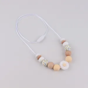 Silicone Wood Baby Teether Necklace Daisy Sunflower Nursing Necklace For Moms BPA Free Infant Teething Relief Beads Jewelry