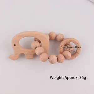Elephant beech wood baby teether bracelet with natural beads and 40mm wooden rings