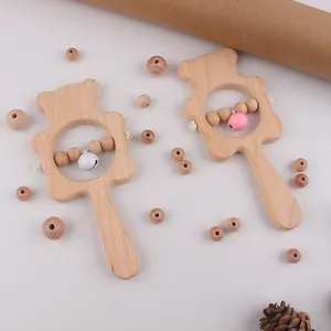 Natural beech wood bear rattle for infants, smooth wooden sensory toy with colorful bells