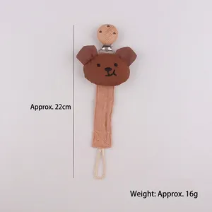 Cartoon bear cotton pacifier clip with beech wood buckle for newborn babies, 22cm length