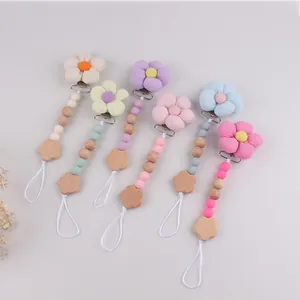 Säugling Schnullerkette Stoff Blume Silikon Holzperlen Beißring Halter Anti-Verlust Kette Baby Kleinkind Nordic Nursing Geschenk