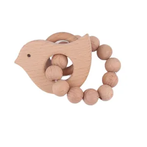 Natural beech wood baby teether ring with smooth bird shape and round wooden beads