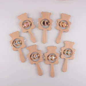 Hochet en Bois de Hêtre pour Bébé Forme d'Ours Jouet de Dentition Perles en Silicone Jouet Éducatif pour Nourrissons