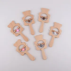 Natural Beech Wood Bear Baby Rattle With Handheld Handle Colorful Bell Wooden Beads Teether Toy For Infants Grasping Training