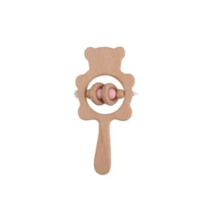 Hochet ours en bois de hêtre naturel avec perles en silicone rose pour bébés