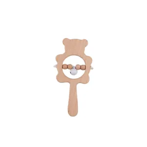 Natural beech wood bear rattle toy for baby with smooth beads and white metal bell