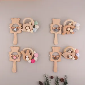 Baby Beechwood Silicone Teether Rattle Set Natural Wood Animal Bear Elephant Crochet Beads Sensory Teething Toy For Toddlers Infant