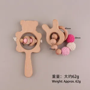 Beech wood bear rattle and rabbit ear teething rings with pink silicone crochet beads