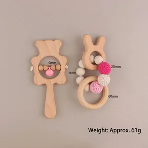 Eco-friendly beech wood animal teether toy with pink crochet beads and bear rattle