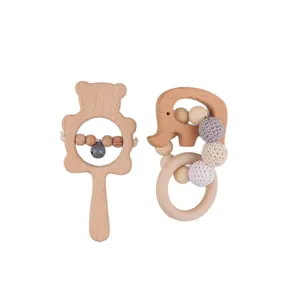 Eco-friendly beech wood animal baby rattle and silicone teether set with crochet beads