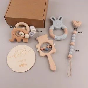 Coffret de 5 hochet en hêtre pour bébé avec anneau de dentition lapin et attache-tétine