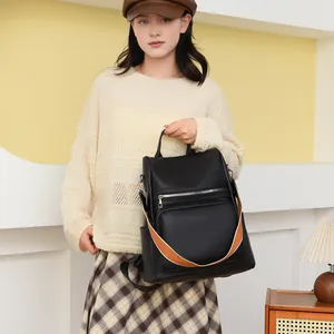 Women Fashion PU Leather Backpack Large Capacity Anti-Theft Bag With Contrast Strap Lychee Texture Commuting Bag