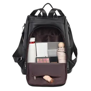 Women black anti-theft PU leather backpack with large capacity for laptop and travel