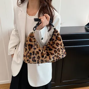 Women's Casual Leopard Print Faux Fur Shoulder Bag Vintage Hobo Underarm Bag Soft Plush Handbag Winter Fashion Accessory