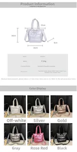 Detailed size chart and multi-color view of padded quilted tote bag with dimensions
