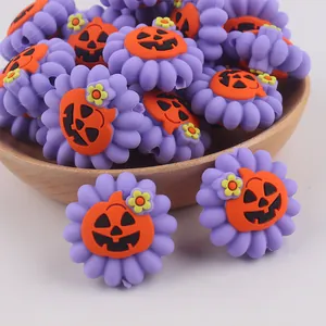 Perline in silicone a fiore viola con zucca di Halloween per creazione gioielli fai da te
