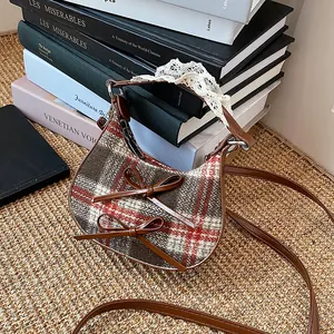 Borsa a Tracolla Mini Stile Coreano con Fiocco Leopardato e Plaid Donna Vintage con Manico in Pizzo Borsa a Mano Piccola a Mezzaluna