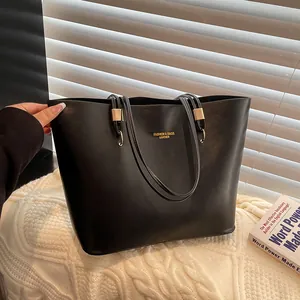 Women Large Capacity PU Faux Leather Tote Bag Fashion Gold Letter Print Commuter Shoulder Bag Simple Daily Handbag