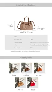 Detailed size chart for faux suede handbag showing 23x15x11cm dimensions and strap length
