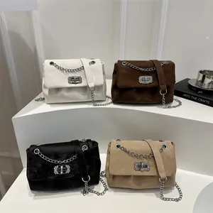 Sac À Épaule Femme Suédine Plissé Bandoulière Chaîne Métal Boucle Strass Rabat Sac Bandoulière Élégant À La Mode
