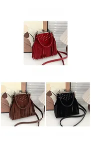 Detail of vintage tassel shell bags in wine red, brown, and black with stud accents