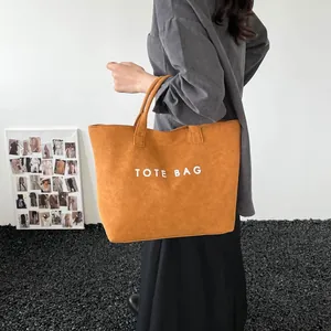 Women Large Capacity Tote Bag Suede-look Fabric Handbag Minimalist Letter Print Commuting Shoulder Bag Versatile Fashion