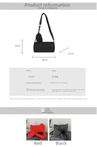 Detail view of red and black cylindrical crossbody bags with adjustable straps and coin purses