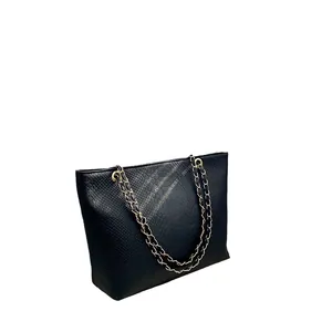 Black textured leather tote bag with elegant gold chain strap and large capacity