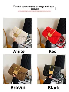 Collage of quilted square bags in white, red, brown, and black with gold hardware