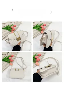 Detailed views of beige quilted shoulder bag with gold buckles and adjustable strap