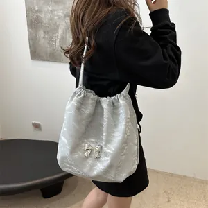 Women Fashion Pleated PU Leather Tote Bag With Silver Metal Bow Drawstring Large Capacity Shoulder Bag Casual Handbag