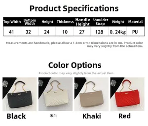 Detailed size chart and multi-color options for quilted PU leather tote bag with chain