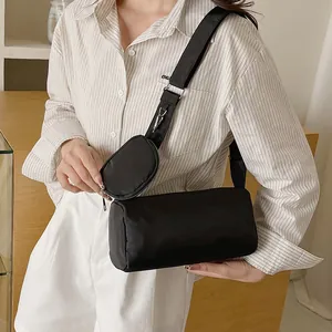 Women Casual Nylon Barrel Crossbody Bag With Round Pouch Wide Strap Lightweight Shoulder Bag For Daily Travel Fashion