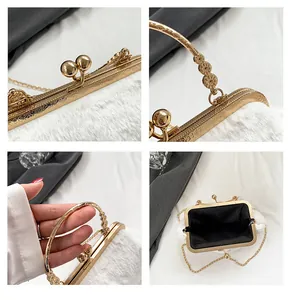 Close-up of white faux fur bag with golden floral metal handle and engraved frame