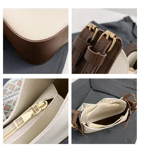 Dettagli della borsa a tracolla bicolore con hardware dorato e tracolla jacquard