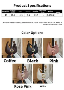 Detailed size chart and dimensions of the vintage PU leather crescent underarm bag