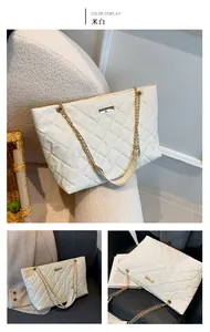 Detailed views of off-white quilted tote bag with golden chain straps in various settings