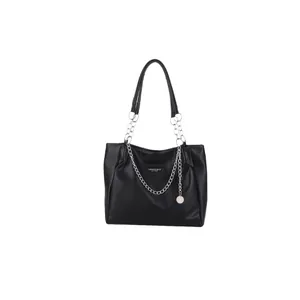Large capacity black pebble leather tote bag with silver chain straps and round pendant