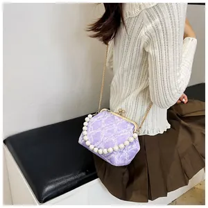Elegant lavender lace frame bag with large pearl handle and chain strap on female model