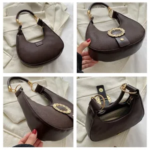 Detailed views of dark brown pebble leather hobo bag with gold hardware and interior pocket