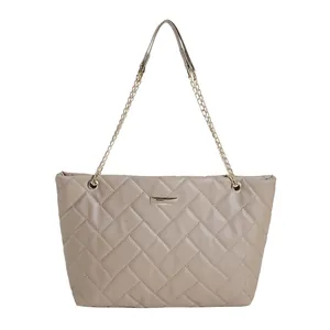 Beige quilted tote bag with V-shaped stitching and golden chain strap for daily commute